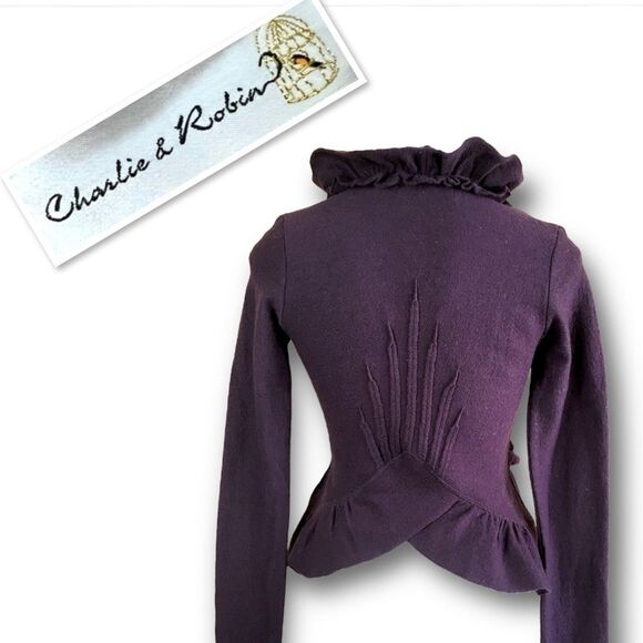 Anthropologie Charlie & Robin Ruffle Boiled Wool Cardigan In Purple Size XS - Picture 4 of 13